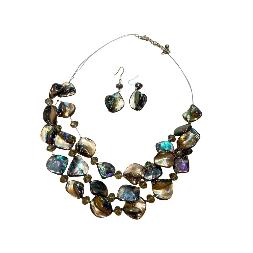 Vintage Abalone Shell Multi Strand Statement Necklace‎ Earrings Set Iridescent